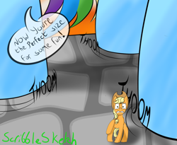 Size: 900x739 | Tagged: safe, artist:scribblessketch, imported from derpibooru, applejack, rainbow dash, pony, appletini, female, giant pony, giantess, hooves, macro, micro, prank, prank gone wrong, running, running away, scared, shrunk, stomp, stomping, story in the source, story included, tail, tiny, tiny ponies