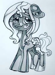 Size: 761x1037 | Tagged: safe, artist:smirk, imported from derpibooru, oc, oc only, oc:lily suds, earth pony, pony, female, freckles, mare, monochrome, traditional art