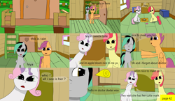 Size: 3648x2112 | Tagged: safe, artist:mellowbomb, imported from derpibooru, apple bloom, scootaloo, sweetie belle, oc, oc:closingrain, oc:doctor dextor wise, comic:calamity fateful, 1000 hours in ms paint, dialogue