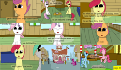 Size: 3648x2112 | Tagged: safe, artist:mellowbomb, imported from derpibooru, apple bloom, pinkie pie, rainbow dash, scootaloo, sweetie belle, oc, oc:closingrain, comic:calamity fateful, 1000 hours in ms paint, dialogue