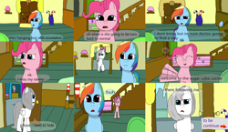 Size: 3648x2112 | Tagged: safe, artist:mellowbomb, imported from derpibooru, pinkie pie, rainbow dash, oc, oc:snow bliss, comic:calamity fateful, 1000 hours in ms paint, dialogue, grammar error