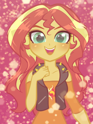 Size: 600x800 | Tagged: safe, artist:rileyav, imported from derpibooru, sunset shimmer, equestria girls, equestria girls series, clothes, cute, female, looking at you, off shoulder, shimmerbetes, shirt, smiling, solo, vest