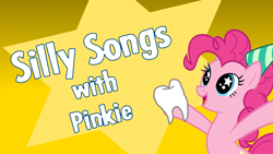 Size: 1366x768 | Tagged: artist needed, safe, edit, imported from derpibooru, pinkie pie, hat, party hat, silly songs, silly songs with pinkie, tooth, veggietales