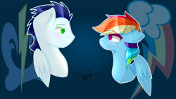 Size: 1920x1080 | Tagged: safe, artist:galaxydashartz, imported from derpibooru, rainbow dash, soarin', pegasus, pony, blushing, cutie mark, duo, female, looking at each other, male, shipping, soarindash, stallion, straight, wallpaper