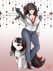 Size: 1500x2000 | Tagged: safe, artist:kitsunehino, imported from derpibooru, oc, oc only, human, pony, unicorn, vampire, advertisement, auction, clothes, commission, digital art, duo, fangs, female, gun, jeans, jewelry, mare, necklace, pants, shoes, signature, sneakers, submachinegun, weapon, ych result