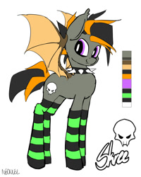 Size: 1600x2000 | Tagged: safe, artist:neoncel, imported from derpibooru, oc, oc only, oc:skree, bat pony, pony, clothes, fangs, halloween, holiday, reference sheet, simple background, skull, socks, solo, striped socks, white background