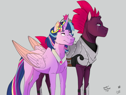 Size: 1024x768 | Tagged: safe, artist:avatar1778, imported from derpibooru, tempest shadow, twilight sparkle, alicorn, pony, unicorn, armor, big crown thingy, broken horn, colored wings, eye scar, female, gray background, lesbian, mare, peytral, rainbow power, regalia, royal guard, scar, shipping, simple background, smiling, tempest becomes a royal guard, tempestlight, twilight sparkle (alicorn)