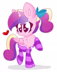 Size: 1613x2048 | Tagged: safe, artist:kittyrosie, imported from derpibooru, princess cadance, alicorn, pony, bow, clothes, cute, cutedance, female, hair bow, heart, heart eyes, mare, ponytail, simple background, socks, solo, striped socks, teen princess cadance, white background, wingding eyes