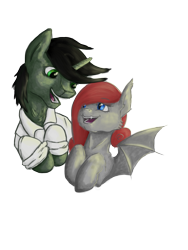 Size: 1536x2048 | Tagged: safe, artist:drops-of-blood, imported from derpibooru, oc, oc only, oc:braunly, oc:queen stan, bat pony, pony, unicorn, bat pony oc, couple, simple background, transparent background
