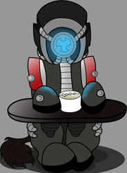 Size: 1024x1389 | Tagged: safe, artist:drops-of-blood, imported from derpibooru, oc, oc only, oc:chaild viktor, pony, crossover, cup, food, geth, legion, male, mass effect, ponified, simple background, sitting, solo, tea, teacup