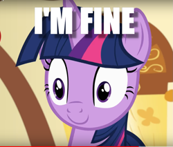 Size: 925x789 | Tagged: safe, edit, edited screencap, imported from derpibooru, screencap, twilight sparkle, pony, unicorn, blank stare, blatant lies, faic, female, image macro, mare, meme, solo, this is fine