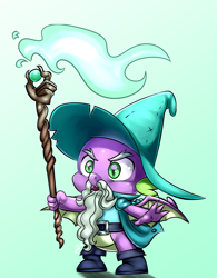 Size: 900x1152 | Tagged: safe, artist:pia-sama, imported from derpibooru, spike, dragon, dungeons and dragons, garbuncle, hat, male, ogres and oubliettes, pen and paper rpg, rpg, solo, staff, wizard, wizard hat