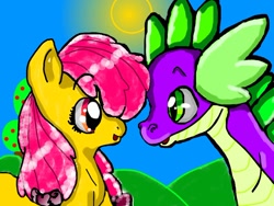 Size: 900x675 | Tagged: artist needed, safe, imported from derpibooru, apple bloom, spike, apple tree, female, hill, interspecies, looking at each other, male, older, older apple bloom, older spike, ponytail, shipping, sky, spikebloom, straight, sun, tree