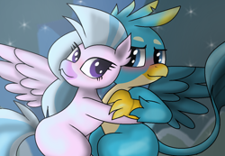 Size: 1286x892 | Tagged: safe, artist:pencil bolt, imported from derpibooru, gallus, silverstream, classical hippogriff, griffon, hippogriff, season 8, what lies beneath, spoiler:s08, blushing, cave, cute, diastreamies, duo, female, gallabetes, gallstream, hug, interspecies, light, male, scene interpretation, shipping, silverstream hugs gallus, straight, that was fast