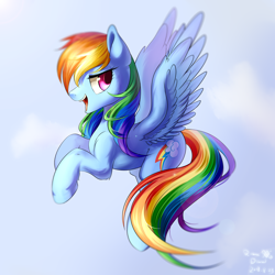 Size: 2148x2148 | Tagged: safe, artist:rikadiane, imported from derpibooru, rainbow dash, pegasus, pony, female, flying, mare, smiling, solo, spread wings, wings