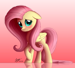 Size: 2500x2273 | Tagged: safe, artist:duskie-06, imported from derpibooru, fluttershy, pegasus, pony, blushing, cute, female, floppy ears, mare, reflection, shyabetes, smiling, solo