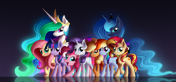 Size: 6000x2813 | Tagged: safe, artist:duskie-06, imported from derpibooru, applejack, fluttershy, pinkie pie, princess celestia, princess luna, rainbow dash, rarity, sunset shimmer, twilight sparkle, alicorn, earth pony, pegasus, pony, unicorn, absurd resolution, female, group, looking at you, mane six, mare, open mouth, reflection, royal sisters, smiling, twilight sparkle (alicorn)