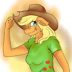 Size: 3000x3000 | Tagged: safe, artist:euspuche, imported from derpibooru, applejack, anthro, abstract background, looking at you, tongue out