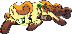 Size: 1465x697 | Tagged: safe, artist:pencils, idw, imported from derpibooru, carrot top, golden harvest, earth pony, pony, spoiler:comic, spoiler:comic69, background removed, chocolate, female, food, mare, official comic, simple background, solo, transparent background