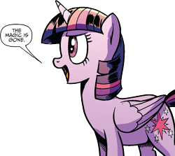 Size: 1019x910 | Tagged: safe, artist:pencils, idw, imported from derpibooru, twilight sparkle, alicorn, pony, spoiler:comic, spoiler:comic69, background removed, female, mare, official comic, simple background, solo, speech bubble, the magic is gone, transparent background, twilight sparkle (alicorn)