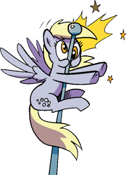 Size: 548x753 | Tagged: safe, artist:pencils, idw, imported from derpibooru, derpy hooves, pegasus, pony, spoiler:comic, spoiler:comic69, background removed, crash, female, mare, official comic, pole, simple background, solo, stars, transparent background