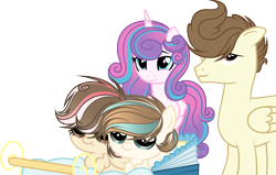 Size: 2525x1603 | Tagged: safe, artist:xxriverdreamxx, imported from derpibooru, pound cake, princess flurry heart, pony, baby, baby carriage, baby pony, family, female, male, messy hair, offspring, parent:pound cake, parent:princess flurry heart, parents:poundflurry, poundflurry, shipping, simple background, straight, transparent background