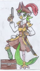 Size: 529x929 | Tagged: safe, artist:kuroneko, derpibooru exclusive, imported from derpibooru, captain celaeno, parrot pirates, my little pony: the movie, amputee, colored pencil drawing, female, gun, hat, monochrome, one eye closed, peg leg, pirate, pirate hat, prosthetic leg, prosthetic limb, prosthetics, simple background, solo, sword, traditional art, treasure chest, weapon, white background, wink