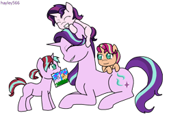 Size: 1280x862 | Tagged: safe, artist:hayley566, imported from derpibooru, starlight glimmer, oc, oc:daydream flare, oc:daylight gleam, oc:evening glitter, pony, unicorn, icey-verse, cute, description is relevant, drawing, eyes closed, family, female, filly, glimmerbetes, lesbian, magical lesbian spawn, mare, mother and daughter, mouth hold, not sunset shimmer, offspring, parent:starlight glimmer, parent:sunset shimmer, parents:shimmerglimmer, picture, shimmerglimmer, shipping, simple background, smiling, transparent background, younger