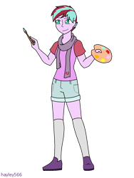 Size: 960x1280 | Tagged: safe, artist:hayley566, imported from derpibooru, oc, oc only, oc:daylight gleam, equestria girls, clothes, easel, equestria girls-ified, female, hipster, kneesocks, magical lesbian spawn, mary janes, offspring, paint, paintbrush, palette, parent:starlight glimmer, parent:sunset shimmer, parents:shimmerglimmer, scarf, shoes, shorts, simple background, socks, solo, transparent background