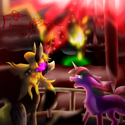 Size: 5800x5800 | Tagged: safe, artist:florarena-kitasatina/dragonborne fox, imported from derpibooru, twilight sparkle, pony, umbrum, absurd resolution, balcony, coat markings, crossover, curved horn, dat mane tho, dramatic lighting, epic battle fantasy, floppy ears, flowing mane, horrified, how even, lightning, limit break, matt (epic battle fantasy), mottled coat, ow the edge, ponified, ragnarok, red eyes take warning, red sky, redraw, shield, signature, slit pupils, socks (coat marking), socks (coat markings), sombra eyes, spear, spell, sword, the braids have come undone, this will end in one ruined landscape, this will end in property damage, watermark, weapon, weapons of improbable size, why would you do that, wide eyes