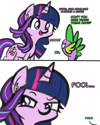 Size: 1161x1459 | Tagged: safe, artist:artiks, imported from derpibooru, spike, starlight glimmer, dragon, pony, unicorn, 2 panel comic, atg 2018, comic, cute, dialogue, ear fluff, fake cutie mark, female, funny, male, mare, newbie artist training grounds, simple background, tape, twilight wig, white background