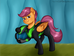 Size: 2600x1990 | Tagged: safe, artist:raelin11, artist:violetpony11, imported from derpibooru, scootaloo, pegasus, pony, the washouts (episode), chest fluff, female, filly, helmet, pint-sized dynamite, scene interpretation, smirk, solo, traitor, traitorloo, washouts uniform