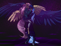 Size: 2732x2048 | Tagged: safe, artist:percy-mcmurphy, imported from derpibooru, fluttershy, princess luna, alicorn, anthro, pegasus, unguligrade anthro, clothes, dress, eyes closed, female, kissing, lesbian, lunashy, mare, purple rain, shipping