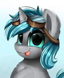 Size: 1446x1764 | Tagged: safe, artist:pridark, imported from derpibooru, oc, oc only, oc:rym, pony, unicorn, bust, commission, cute, ear fluff, female, goggles, mare, ocbetes, portrait, solo, tongue out