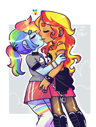 Size: 768x1024 | Tagged: safe, artist:jackytheripperart, imported from derpibooru, rainbow dash, sunset shimmer, equestria girls, clothes, eyes closed, female, lesbian, pantyhose, shipping, shirt, skirt, smiling, socks, sunsetdash, thigh highs