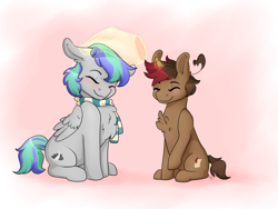 Size: 2000x1500 | Tagged: safe, artist:lionbun, artist:littledreamycat, imported from derpibooru, oc, oc only, oc:storm feather, pegasus, pony, blushing, chest fluff, eyes closed, petting, sitting, smiling