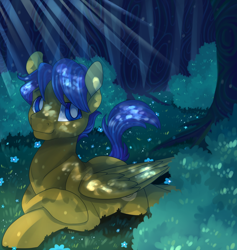 Size: 2226x2348 | Tagged: safe, artist:breioom, imported from derpibooru, oc, oc only, oc:crushingvictory, pegasus, pony, crepuscular rays, crossed hooves, flower, forest, lying down, male, smiling, solo, stallion, white pupils