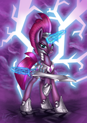 Size: 2304x3248 | Tagged: safe, artist:nightpaint12, imported from derpibooru, tempest shadow, pony, unicorn, armor, broken horn, female, glowing horn, hoof shoes, lightning, looking at you, magic, mare, prosthetic horn, prosthetics, royal guard, smiling, solo, sword, telekinesis, tempest becomes a royal guard, tempest gets her horn back, weapon