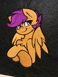 Size: 810x1080 | Tagged: safe, artist:v-zen, imported from derpibooru, scootaloo, pegasus, pony, chest fluff, crossed hooves, embroidery, female, filly, foal, solo