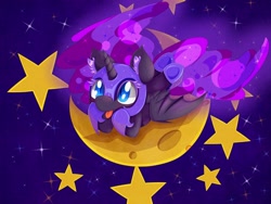 Size: 2800x2100 | Tagged: safe, artist:zokkili, imported from derpibooru, nightmare moon, alicorn, pony, :p, colored eyelashes, crescent moon, ear fluff, female, filly, mare, moon, nightmare woon, silly, solo, space, tangible heavenly object, tongue out