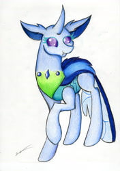 Size: 2460x3486 | Tagged: safe, artist:luxiwind, imported from derpibooru, oc, oc only, oc:flox, changedling, changeling, female, solo, traditional art