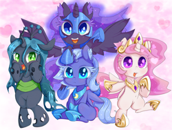 Size: 1500x1125 | Tagged: safe, artist:zokkili, imported from derpibooru, nightmare moon, princess celestia, princess luna, queen chrysalis, alicorn, changeling, changeling queen, pony, bipedal, cewestia, colored eyelashes, cute, cutealis, cutelestia, duality, ear fluff, female, filly, filly celestia, filly luna, filly queen chrysalis, looking at you, lunabetes, moonabetes, nightmare woon, open mouth, pink-mane celestia, s1 luna, self ponidox, sitting, smiling, spread wings, sweet dreams fuel, underhoof, wings, woona, young celestia, young luna, younger