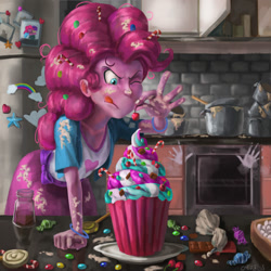 Size: 2000x2000 | Tagged: safe, alternate version, artist:dehon, artist:erlanderson, imported from derpibooru, pinkie pie, equestria girls, candy, cherry, collaboration, cupcake, female, food, kitchen, messy, one eye closed, solo, sweets, tongue out