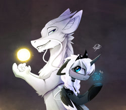 Size: 1600x1395 | Tagged: safe, alternate version, artist:magnaluna, imported from derpibooru, princess luna, oc, oc:zefiroth, dragon, :i, alternate design, alternate hairstyle, alternate universe, annoyed, magic, pop, white hair