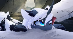 Size: 2741x1489 | Tagged: safe, artist:magnaluna, imported from derpibooru, princess luna, oc, oc:zefiroth, alicorn, dragon, pony, alternate design, alternate hairstyle, alternate universe, canon x oc, cheek fluff, ear fluff, female, licking, male, mare, one eye closed, shipping, smiling, straight, tongue out