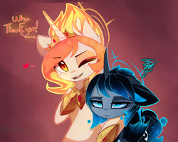Size: 1280x1024 | Tagged: safe, artist:magnaluna, imported from derpibooru, princess celestia, princess luna, alicorn, pony, alternate design, alternate universe, bat wings, blushing, duo, fangs, female, hoof shoes, lidded eyes, luna is not amused, mare, siblings, side hug, sisters, unamused