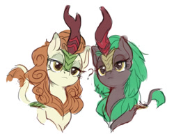 Size: 1177x903 | Tagged: safe, artist:luciferamon, imported from derpibooru, autumn blaze, cinder glow, summer flare, kirin, sounds of silence, duo, duo female, female, head tilt, question mark, simple background, traditional art, white background