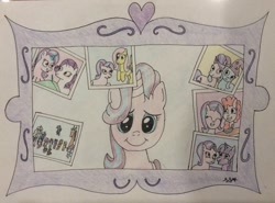 Size: 1024x756 | Tagged: safe, artist:iistarshineii, imported from derpibooru, applejack, discord, fluttershy, pinkie pie, princess cadance, princess celestia, princess flurry heart, princess luna, rainbow dash, rarity, shining armor, spike, starlight glimmer, trixie, twilight sparkle, alicorn, earth pony, pegasus, pony, unicorn, celestial advice, atg 2018, mane six, mirror, newbie artist training grounds, photo, smiling, traditional art, twilight sparkle (alicorn)