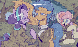 Size: 4842x2952 | Tagged: safe, artist:asprin white rabbit, imported from derpibooru, flash sentry, starlight glimmer, oc, pegasus, pony, unicorn, clothes, dress, frustrated, rain, umbrella