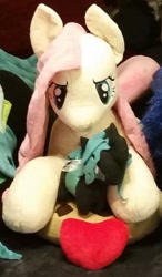 Size: 408x697 | Tagged: safe, artist:blackwater627, artist:top plush, imported from derpibooru, fluttershy, queen chrysalis, alicorn, changeling, pegasus, pony, angry, chibi, ear piercing, earring, female, heart, irl, jewelry, necklace, photo, piercing, pillow, plushie